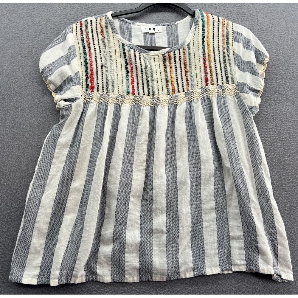 THML Top Women's XS Grey White Striped Embroidered Babydoll Top Scalloped Sleeve